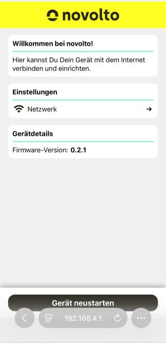 novolto Sense configuration menu